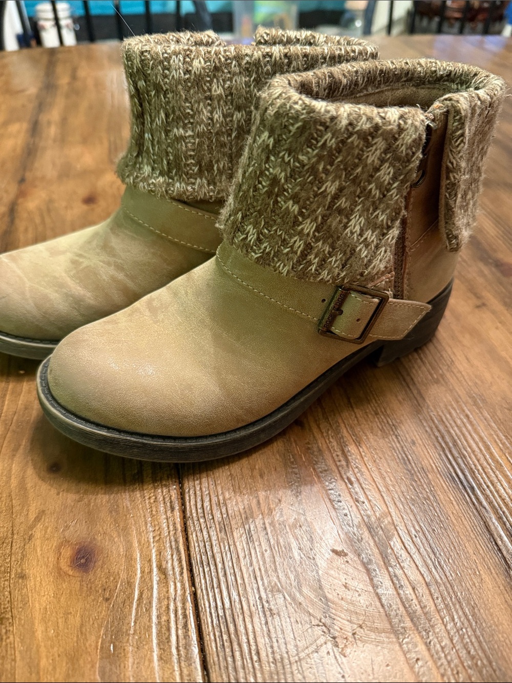 Rocket Dog Tan Knit-Cuff Ankle Booties with Buckle Accent